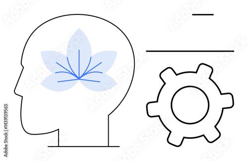 Outline of a human head with a blooming flower inside and a gear nearby symbolizing intellect, creativity, and mechanical problem-solving. Ideal for mindfulness, cognition, innovation