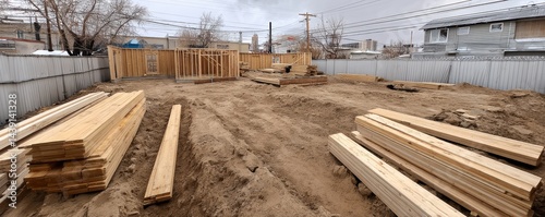 Foundation poured, framing underway, lumber stacked neatly - supplies work housing worker business