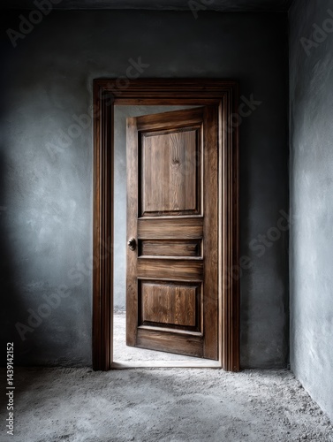 Close-up of a heavy  dark oak door  shut tight  within a spacious  unfurnished room  generous copy space - barricade oak knob vintage