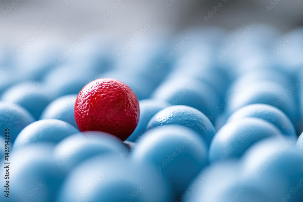 Red Sphere Standing Out From the Crowd of Blue Spheres
