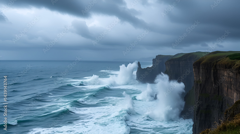 Fototapeta premium A dramatic coastal storm where dark clouds churn above a restless sea, and massive waves crash against towering cliffs, sending sprays of mist into the air