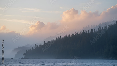 Softly glowing sky with misty forest background, kandalaksha sea, kola peninsula
