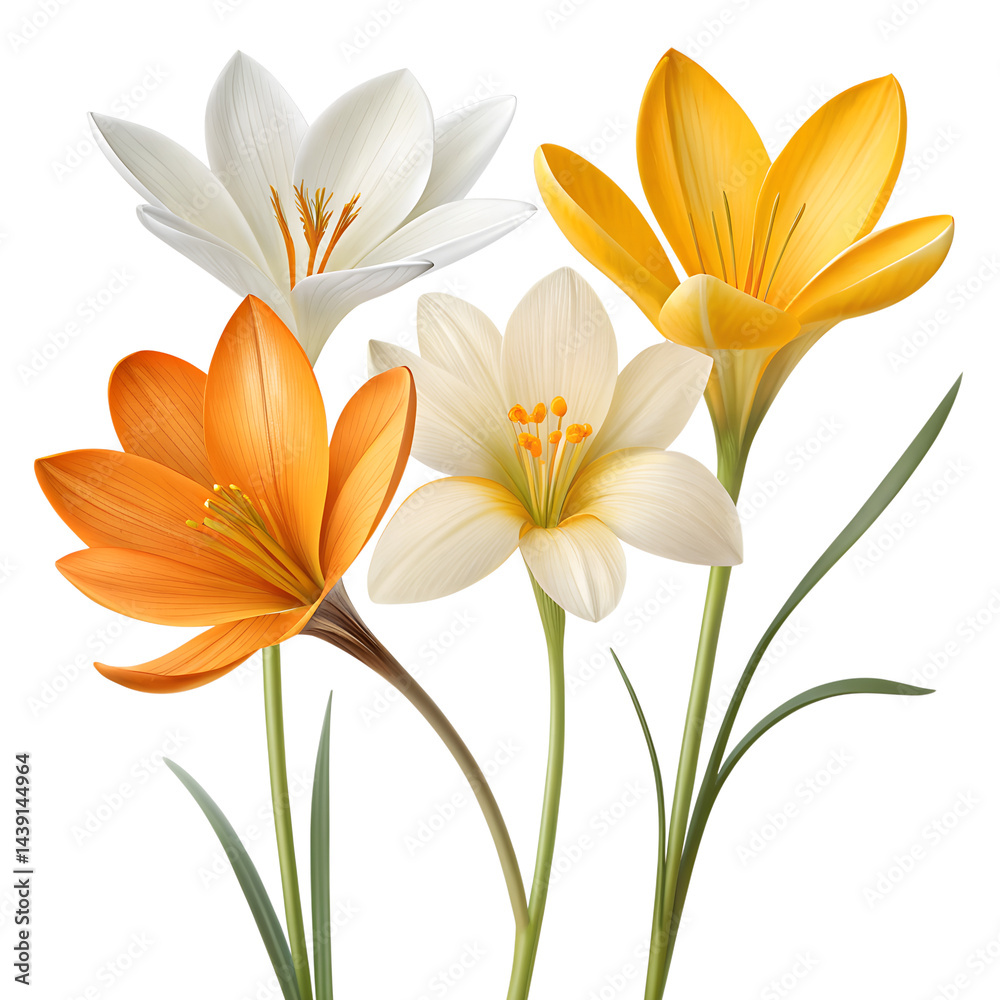 Fototapeta premium three 3d flowers orange yellow and white isolated on white background png