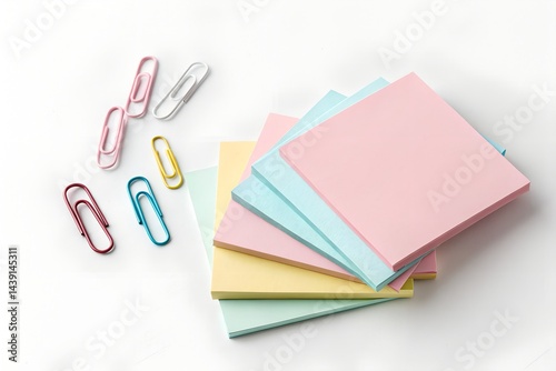 Stack of sticky notes and paperclips, minimal flat lay on white background. photo