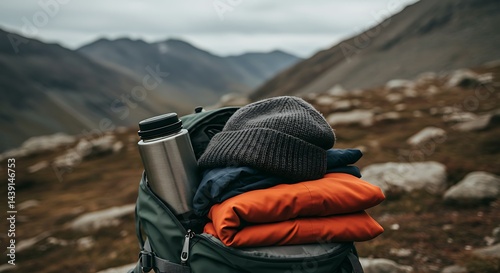 Packing Backpack for Outdoor Adventure in Mountains with Warm Clothes and Water Bottle