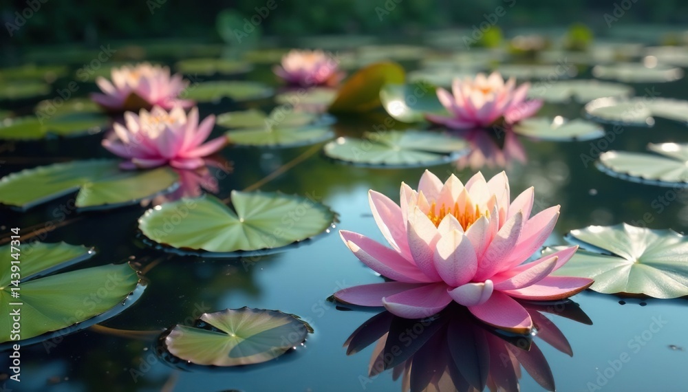 Water lilies bloom across a serene lake, creating a floral pattern , lily pads, design, petals