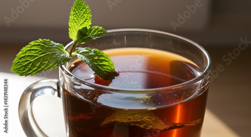 A clear glass mug filled with dark tea and garnished with fresh mint leaves on a wooden surface