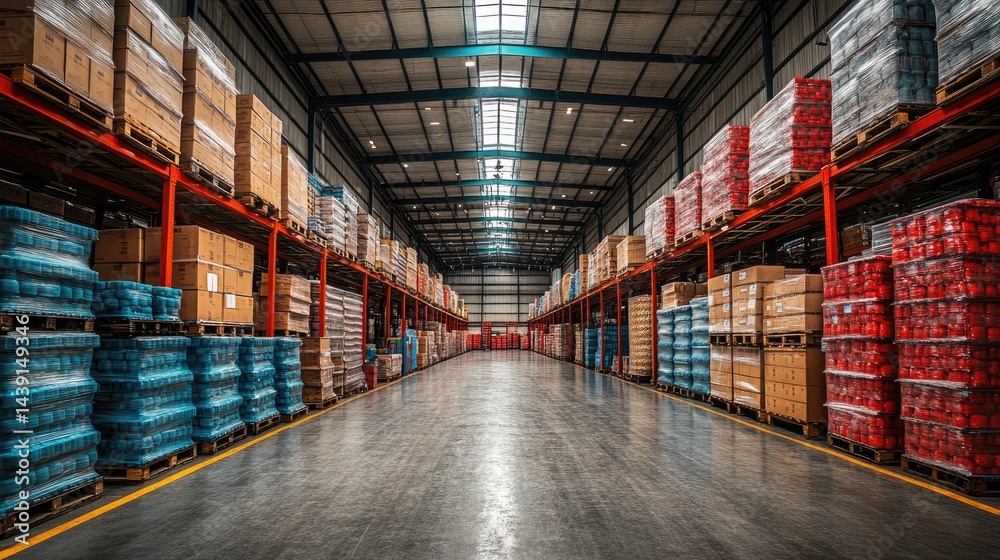 Fototapeta premium Large warehouse filled with shelves stacked high with different goods. Showcases efficient logistics, global trade, and supply chain management.