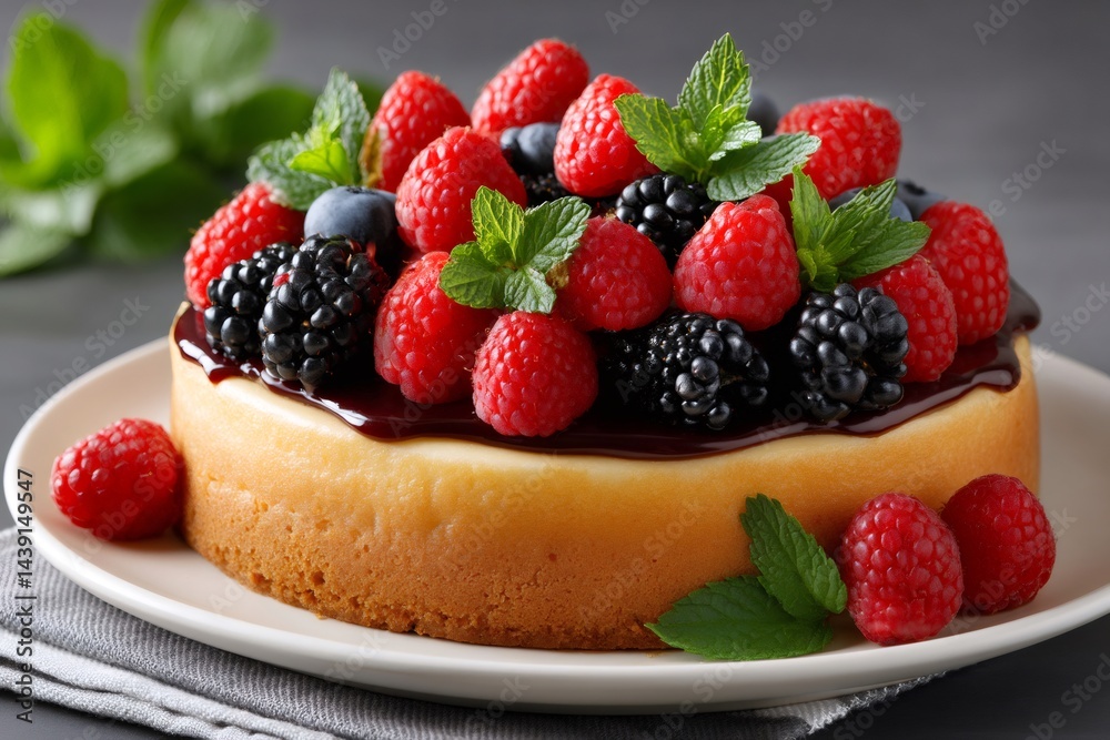 Delicious cheesecake with chocolate topping and fresh berries Delicious cheesecake with chocolate topping and fresh berries