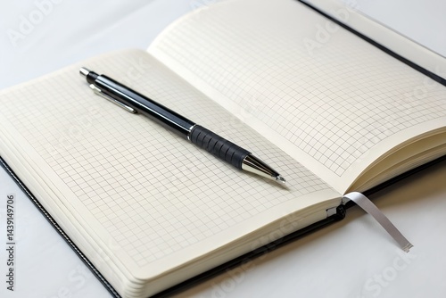 Opened notebook with a pen placed diagonally, minimalistic on white surface. photo