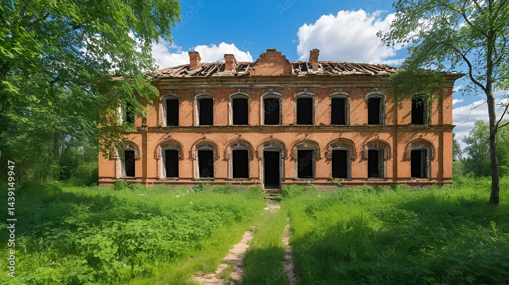 Fototapeta premium Old ruined abandoned brick manor of a Russian landowner