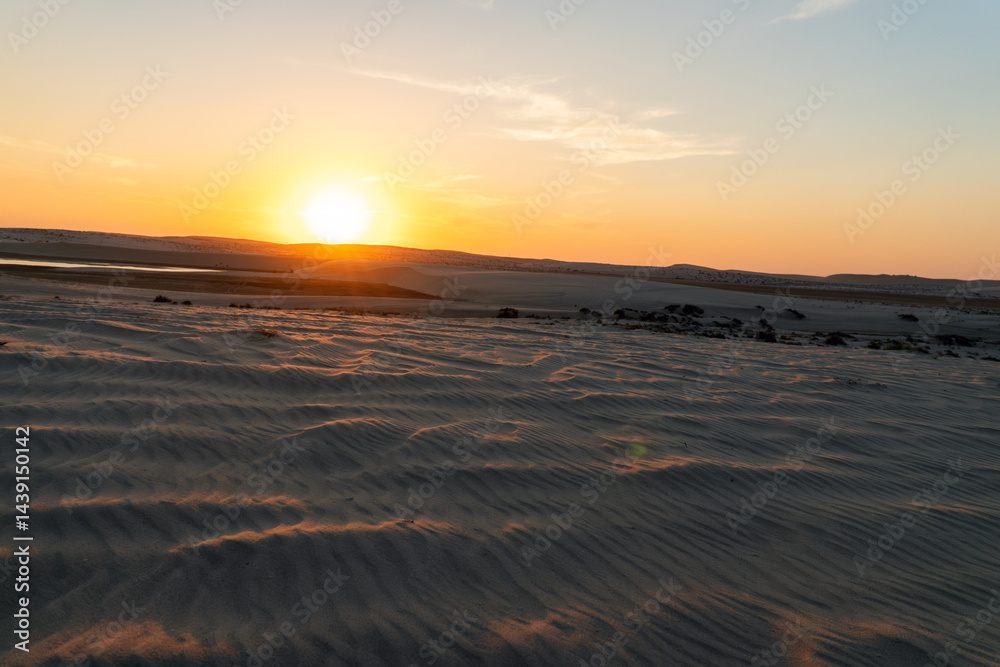 Beautiful view of sandy desert at sunset. A bright yellow orange dawn in the desert.