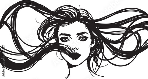 A vector illustration depicts a fashionable lady with a tattoo, showcasing her long black hairstyle and the artful design of her facial features