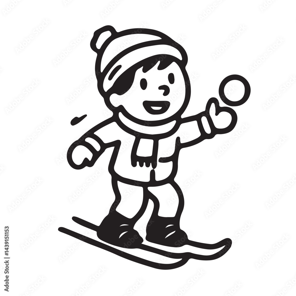 Obraz premium Hand Drawn Black and White Icons of Kids Playing in the Snow and Winter Sports