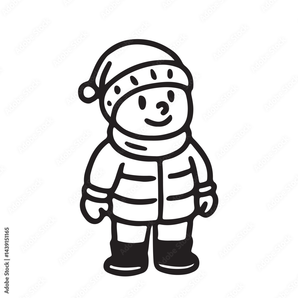 Obraz premium Hand Drawn Black and White Icons of Kids Playing in the Snow and Winter Sports, Snowman
