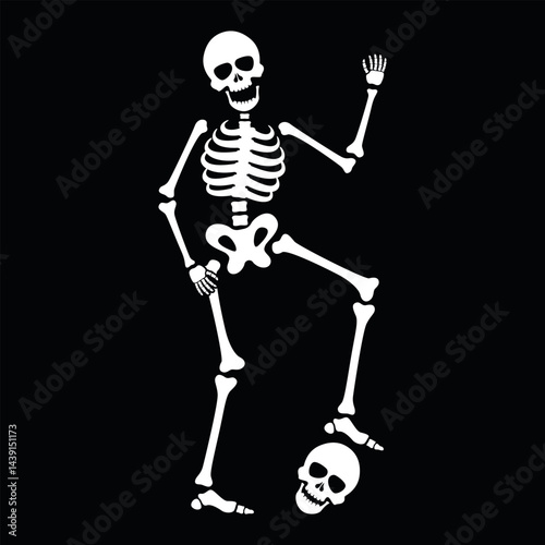 Playful skeleton waving and posing on dark background, perfect for fun themed events and decorations.
