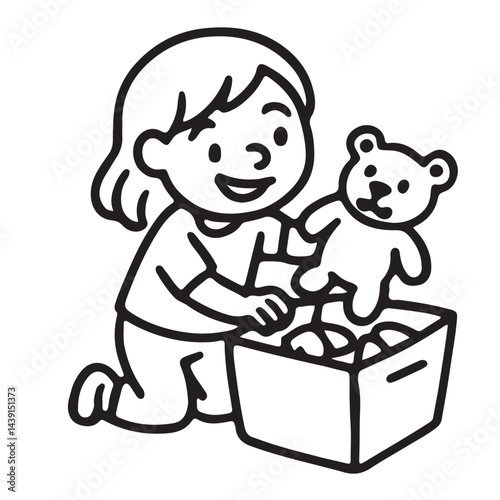 Hand Drawn Black and White Icon of Kids Helping with Household Chores, tidy up toys