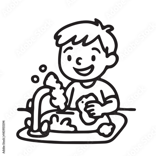 Hand Drawn Black and White Icon of Kids Helping with Household Chores, wash dishes