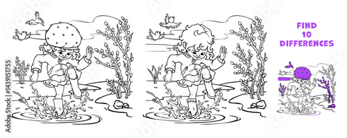 Matching game with child girl jumping, splashing and stomping joyfully in puddle after rain. Find the differences puzzle. Hand drawn outline educational scenery worksheet. Educational coloring page