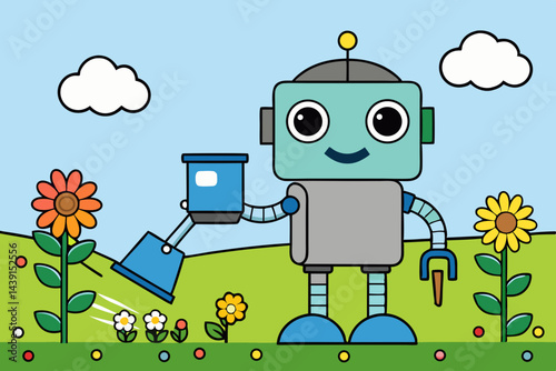 A Robot in a Garden Watering Flowers and Plants
