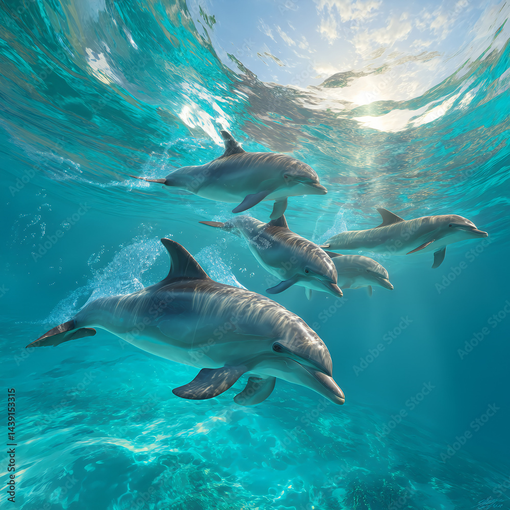 Fototapeta premium Three dolphins swimming underwater in turquoise ocean