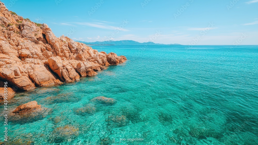 Serene Rocky Coastline with Crystal Clear Waters Under a Bright Blue Sky in Tropical Paradise Serene Rocky Coastline with Crystal Clear Waters Under a Bright Blue Sky in Tropical Paradise