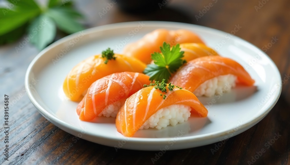 Assorted sushi on white plate, minimalist setting, appetizer, dish, wasabi Assorted sushi on white plate, minimalist setting, appetizer, dish, wasabi