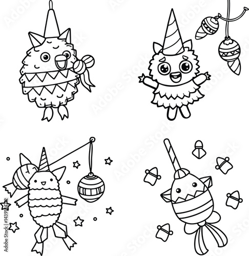 Cute cartoon unicorn pinata collection in black and white line art style
