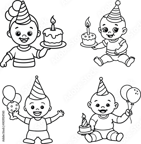 Outlined birthday baby characters collection with cakes and balloons illustration