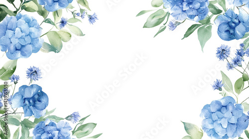 Acrylic border design with delicate blue hydrangeas, A seamless pattern of delicate watercolor blue delphiniums, Blue flowers and green leaves on a white background Botanical arrangement.