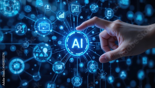 hand pushing a button on a touch screen interface sign Artificial Intelligence