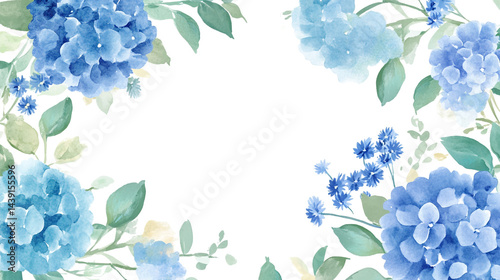 Acrylic border design with delicate blue hydrangeas, A seamless pattern of delicate watercolor blue delphiniums, Blue flowers and green leaves on a white background Botanical arrangement.