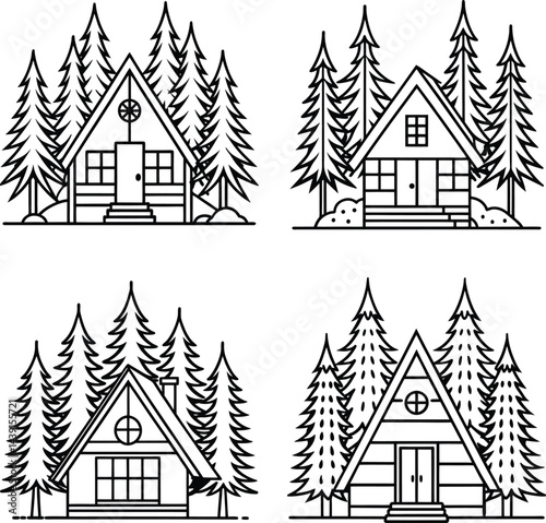 Set of isolated cabin illustrations in forest outline design