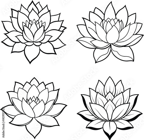 Collection of outlined lotus flowers botanical illustration for coloring or design element