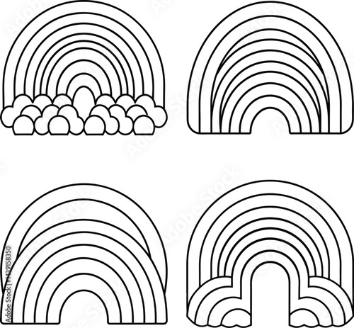 Rainbow icon set with clouds black and white line art for coloring pages