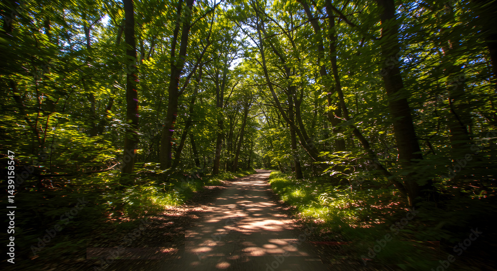 Fototapeta premium Sunlight Filtering Through Trees Along a Dirt Path in Lush Forest