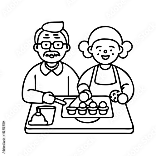 grandparents baking cookies icon, grandparents baking cookies line art - simple line art of grandparents baking cookies, perfect for grandparents baking cookies logos and icons