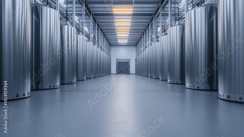 Modern Industrial Storage Facility with Metallic Cylinders and Bright Lighting in a Clean Environment