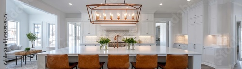 Bright and airy kitchen with white shaker cabinets, subway tile backsplash, copper pot rack, and a farmhouse sink - decor light design airy