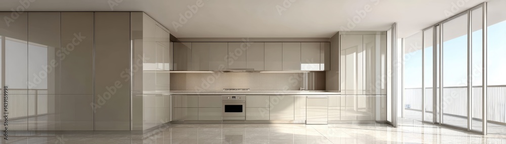 Fototapeta premium Modern minimalist kitchen with clean lines, neutral color palette, and high-gloss finishes - Scandinavian furniture spacious finishes cooking