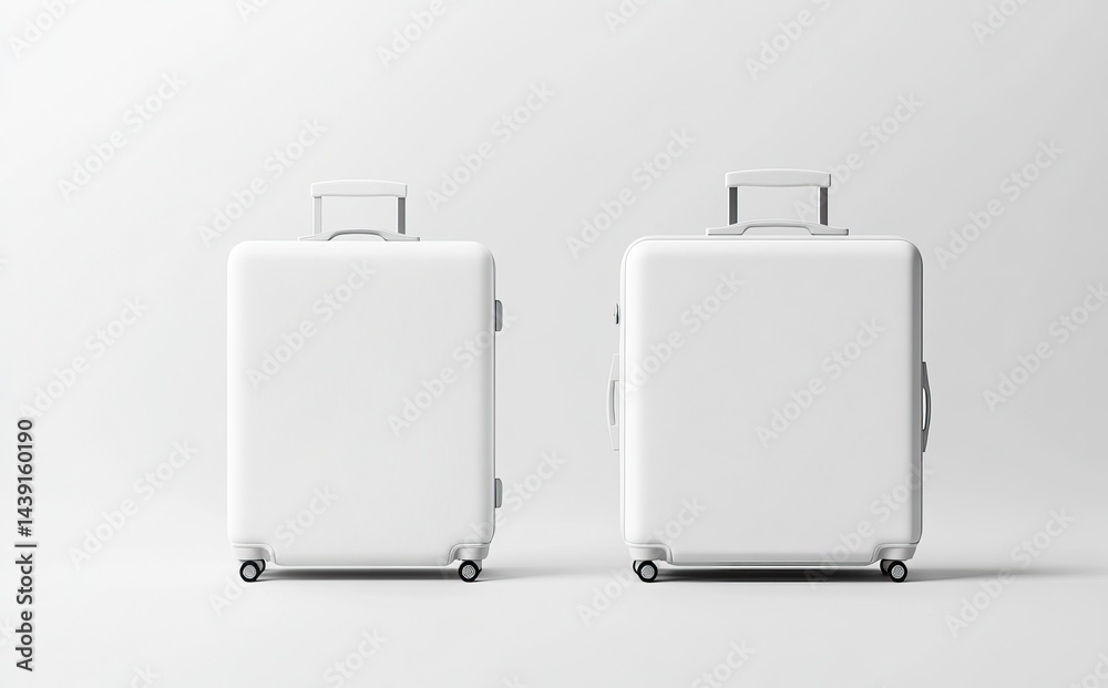 3D render of a white suitcase mockup set, isolated on a white background, showing the front view and side view. A blank luggage bag template mock-up for advertising design with copy space. A travel su