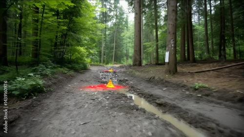 Muddy Forest Path with Trail Markers
