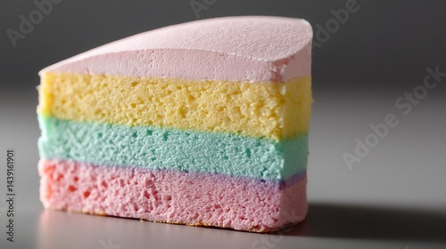 Colorful Layer Cake Slice with Pastel Frosting on a Gray Background