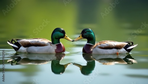 Two mallards swimming peacefully on calm lake water, bird photography, anatidae