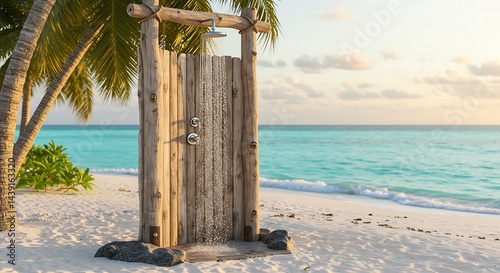Fototapeta Naklejka Na Ścianę i Meble -  Tropical island beach shower theme 4k wallpaper background showing crystal waves, blue sky, scenic outdoor shower perfect for travel agencies, holiday advertisements, and paradise themes
