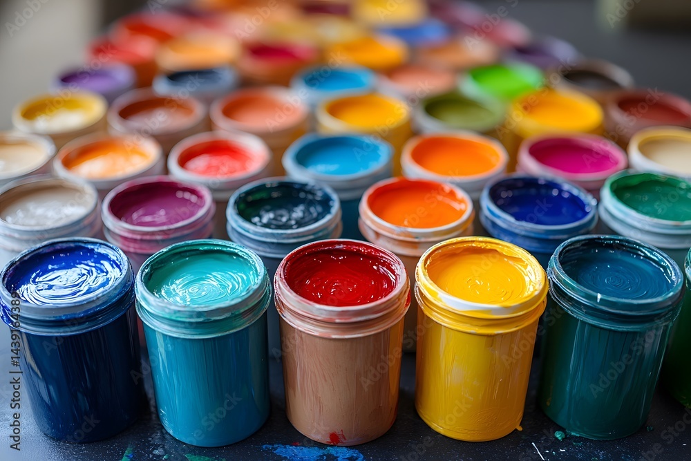 Close-up of open paint cans with vibrant colors, artistic supplies for painting and creativity Close-up of open paint cans with vibrant colors, artistic supplies for painting and creativity