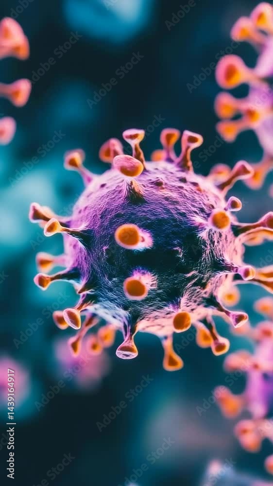 Close-up view of a virus with vibrant colors showing intricate structures and spikes under a microscope in a lab setting