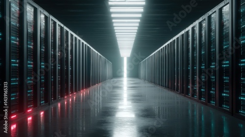 Long hallway of a cutting-edge data center showcasing multiple rows of advanced servers in a sleek environment