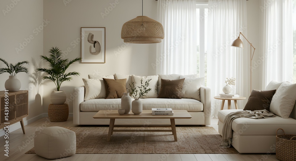 Fototapeta premium Serene Minimalist Living Room Design Neutral Tones, Natural Light, and Comfortable Furnishings