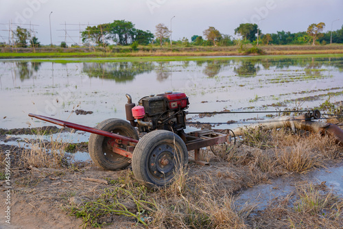 Obraz na płótnie Old walking tractor with red engine parked beside rice paddy field, rural landscape, agriculture equipment, evening light w salonie